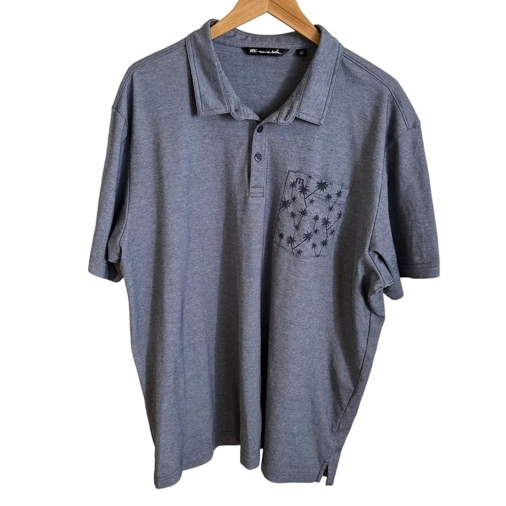 Travis‎ Matthew Mens XXL Blue Oxford Polo Shirt Palm Tree Pocket Print Casual